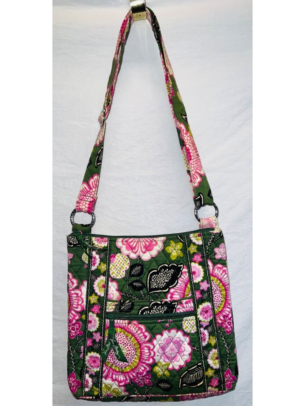 Vera Bradley Floral Quilted Crossbody Bag Adj Strap Green & Pink Zipper Closure